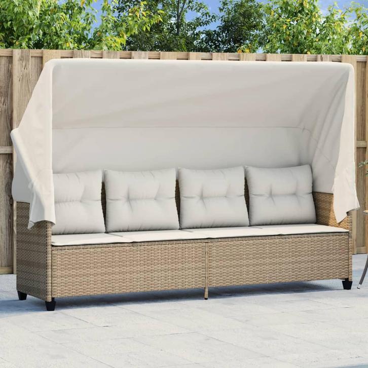 vidaXL Ligbed met luifel en kussen poly rattan beige, Tuin en Terras, Ligbedden, Nieuw, Verzenden