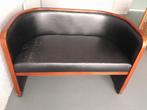 bank, bankje, art deco, gemerkt, antiek, leer, hout, 2 pers., Ophalen of Verzenden