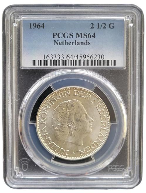 Koningin Juliana zilveren 2 1/2 gulden 1964 MS64 PCGS, Postzegels en Munten, Munten | Nederland, Losse munt, Koningin Juliana