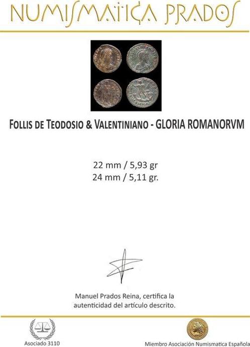 Romeinse Rijk. Teodosio & Valentiniano. Follis GLORIA, Postzegels en Munten, Munten | Europa | Niet-Euromunten