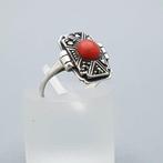 Zilver, Art Deco, Bloedkoraal - Ring - + Markasieten., Antiek en Kunst