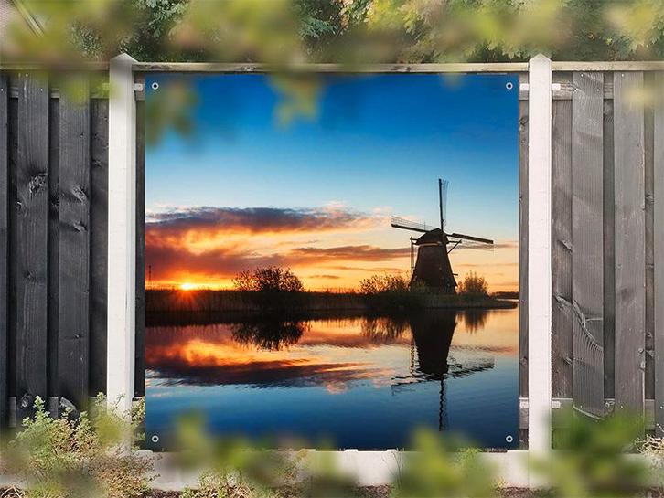 NR 1410: Tuinposter molen aan water zonsondergang 180x180cm, Tuin en Terras, Tuinwanddecoratie, Nieuw