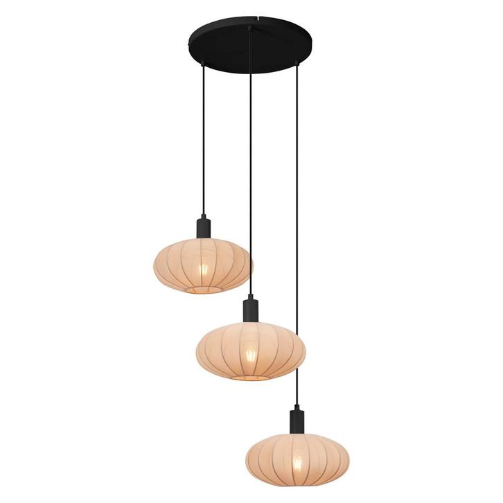 Japandi hanglamp zwart met bruine stoffen kap 3-lichts -, Huis en Inrichting, Lampen | Hanglampen, Nieuw, Overige materialen, 75 cm of meer