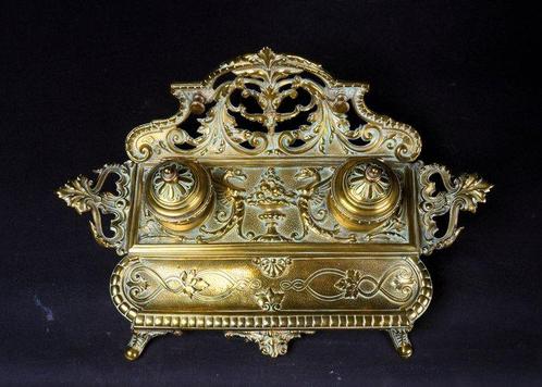 Inktpot - met mythische Feniksen - messing - inktstel, Antiek en Kunst, Curiosa en Brocante