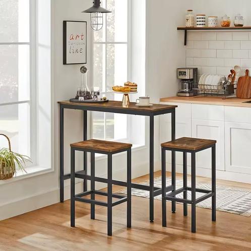 Industriële Bartafelset met 2 Barkrukken – Vintage Houtlook, Huis en Inrichting, Barkrukken, 60 tot 90 cm, Met voetsteun, 2 krukken