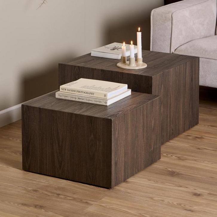 *WOONWINKEL* Blok Salontafel Set Donkerbruin Hout, Huis en Inrichting, Tafels | Salontafels, Nieuw, Verzenden