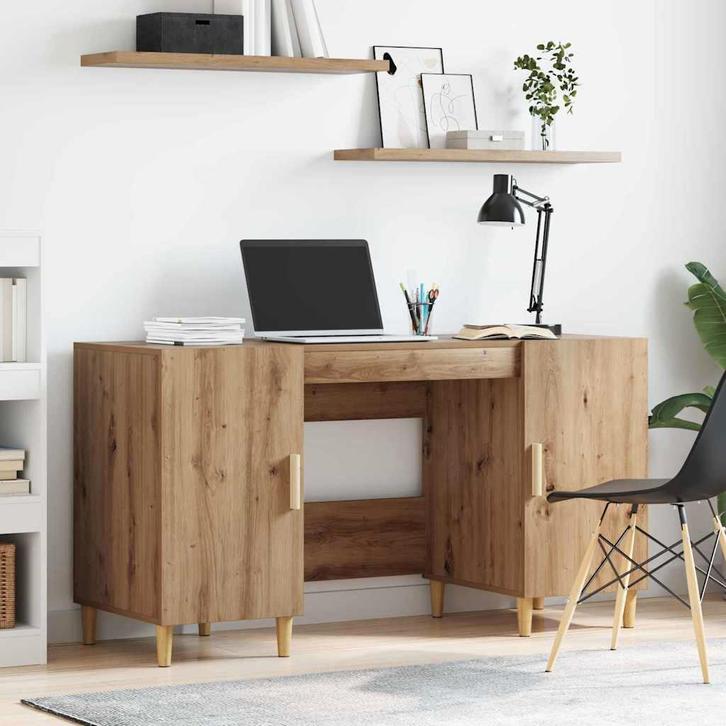 vidaXL Bureau met plank Artisan Eiken 140 x 50 x 75 cm, Huis en Inrichting, Bureaus, Nieuw, Verzenden