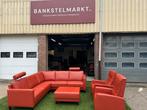 Hoekbank Montel bank rood leer met bijpassende relax stoelen, Zo goed als nieuw, Vierpersoons of meer, Hoekbank, Leer