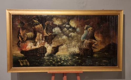 Franse school (XIX) - Grande battaglia navale - NO RESERVE, Antiek en Kunst, Kunst | Schilderijen | Klassiek