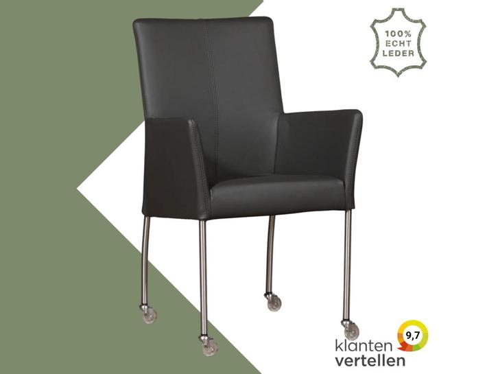 Leren eetkamerstoel Comfort met wieltjes en armleuning -, Huis en Inrichting, Stoelen, Eén, Grijs, Nieuw, Leer, Ophalen of Verzenden