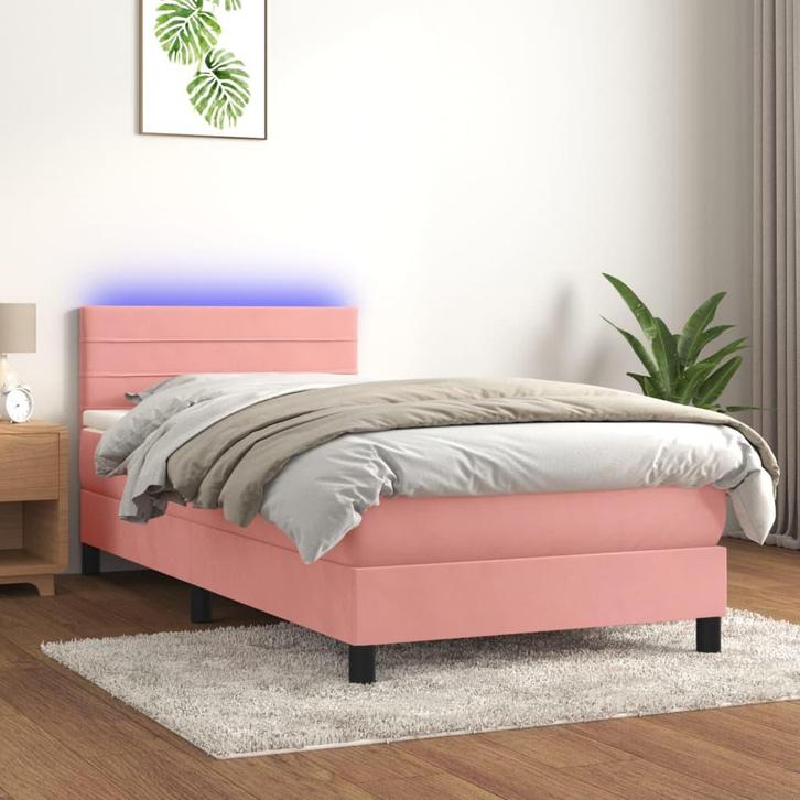vidaXL Boxspring met matras en LED fluweel roze 100x200 cm, Huis en Inrichting, Slaapkamer | Bedden, 100 cm, 200 cm, Eenpersoons