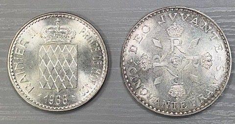 Monaco. 10 Francs 1966 et 50 Francs 1974 Rainier III (lot de, Postzegels en Munten, Munten | Europa | Euromunten
