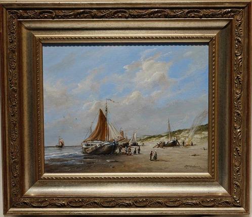 Nederlandse school (XX) - Schepen op het strand, Antiek en Kunst, Kunst | Schilderijen | Klassiek