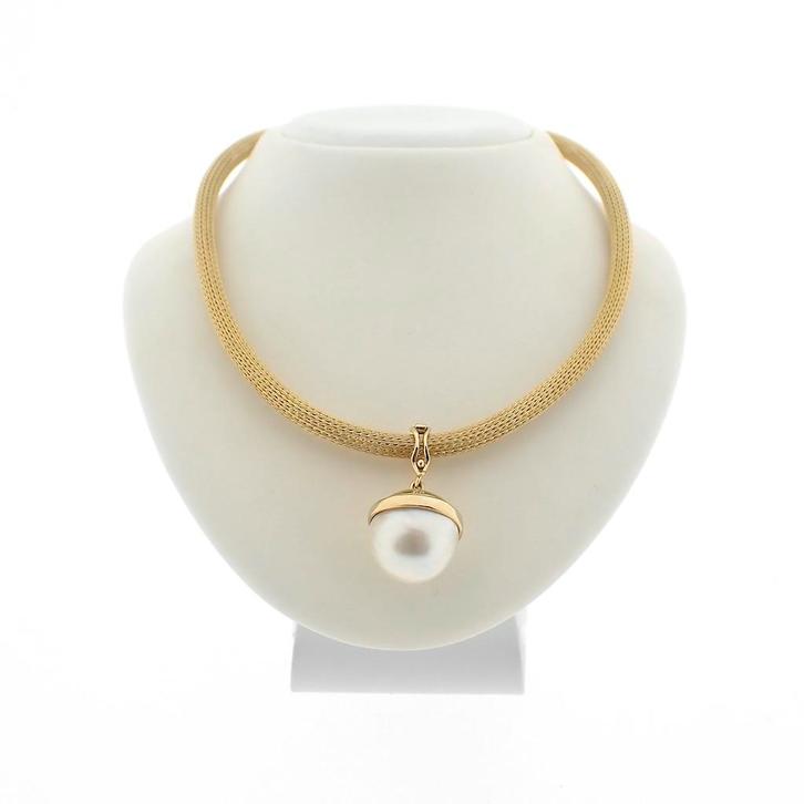 Gouden mesh collier met parel hanger | 46 cm (parel ketting), Sieraden, Tassen en Uiterlijk, Kettingen, Overige kleuren, Gebruikt