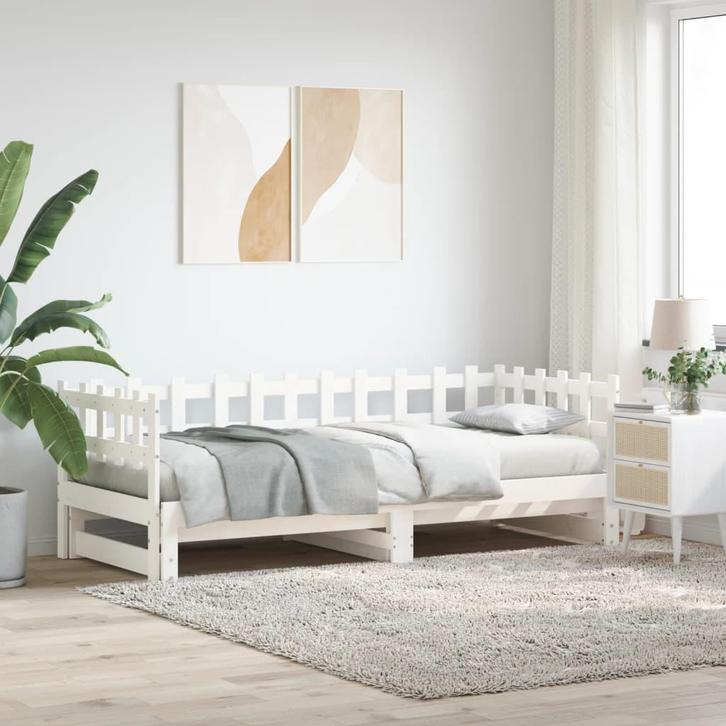 vidaXL Slaapbank uitschuifbaar massief grenenhout wit, Huis en Inrichting, Slaapkamer | Bedden, 90 cm, 200 cm, Wit, Eenpersoons