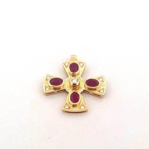 Kruishanger - 18 karaat Geel goud Robijn - Diamant, Sieraden, Tassen en Uiterlijk, Antieke sieraden