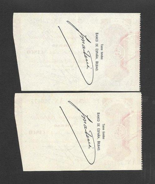 Spanje. - 2 x 5 Pesetas 1936 - Pick S-571 - Consecutive, Postzegels en Munten, Munten | Nederland