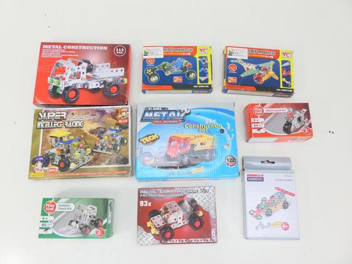 9 Metaal constructie sets, diverse voertuigen.  #6139, Hobby en Vrije tijd, Modelbouw | Auto's en Voertuigen, Overige typen, Gebruikt