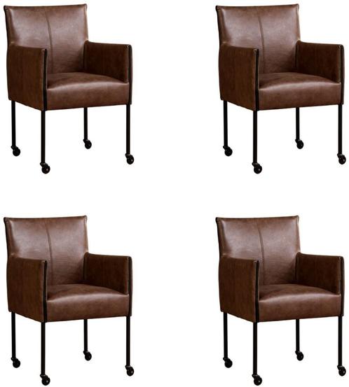 Set van 4 Bruine leren moderne kuipstoel - poot rond zwart m, Huis en Inrichting, Stoelen, Vier, Overige kleuren, Nieuw, Leer
