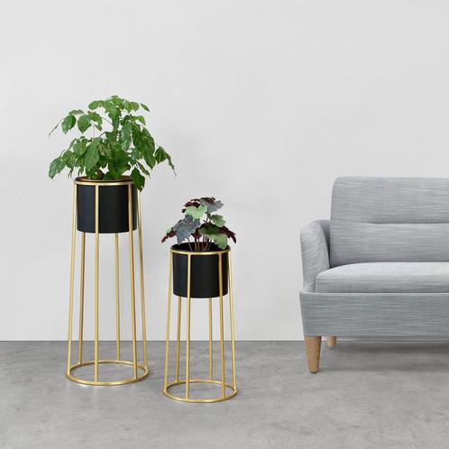 Bloempot op standaard Macon set van 2 zwart en goud, Tuin en Terras, Bloembakken en Plantenbakken, Verzenden