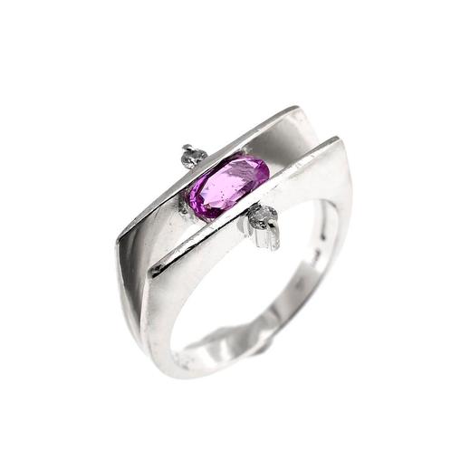 18 Krt. Witgouden ring | Roze saffier & Diamant 0,06 ct., Sieraden, Tassen en Uiterlijk, Ringen, Dame, Met edelsteen, Overige kleuren