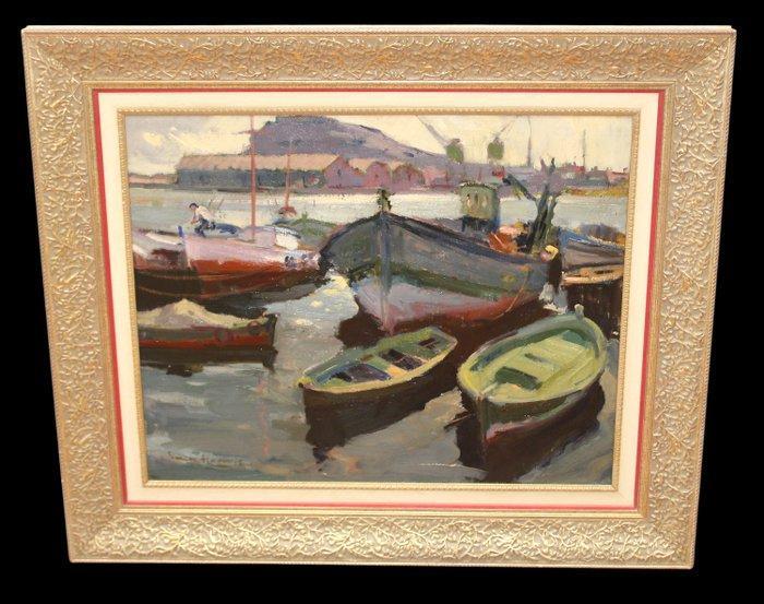 Antoni Sala Herrero (1927-2012) - Barcas en el muelle, Antiek en Kunst, Kunst | Schilderijen | Klassiek