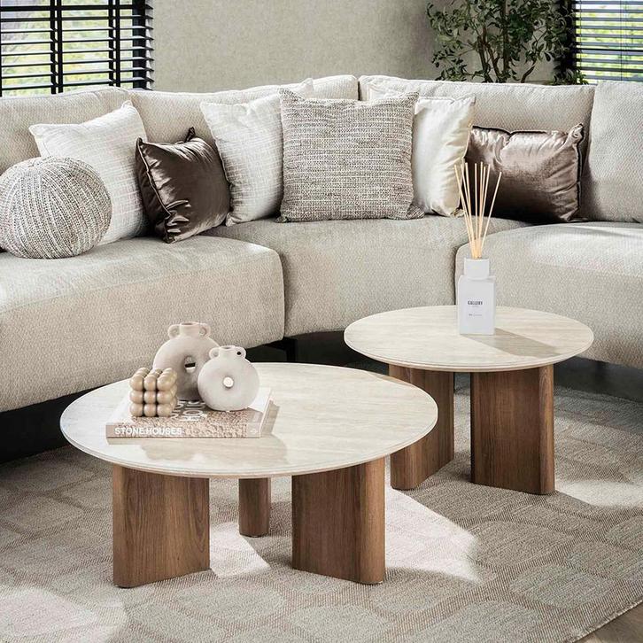 *WOONWINKEL* Salontafelset Rond Hout En Travertin, Huis en Inrichting, Tafels | Salontafels, Nieuw, Verzenden