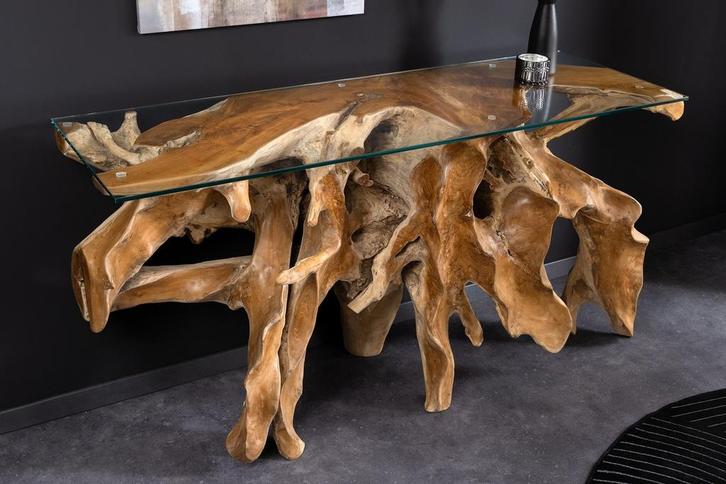 Massieve wandtafel ROOT 150cm naturel teakhout massief, Huis en Inrichting, Tafels | Sidetables, Ophalen of Verzenden