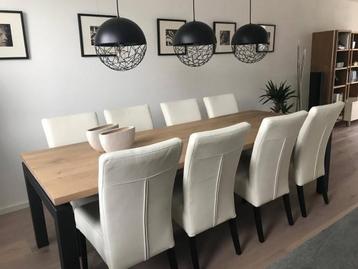 Set van 8 leren eetkamerstoelen - met houten poten - wit lee beschikbaar voor biedingen