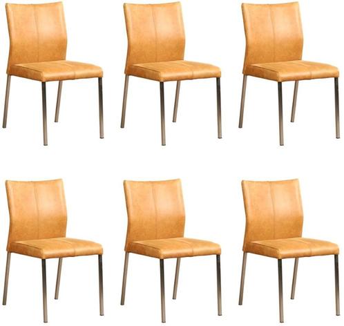 Set van 6 Cognac leren moderne eetkamerstoelen - poot vierka, Huis en Inrichting, Stoelen, Vijf, Zes of meer stoelen, Overige kleuren