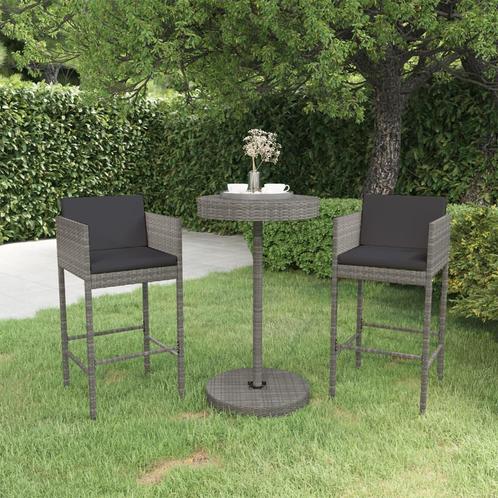 vidaXL 3-delige Tuinbarset met kussens poly rattan grijs, Tuin en Terras, Tuinsets en Loungesets, Nieuw, 2 zitplaatsen, Rotan
