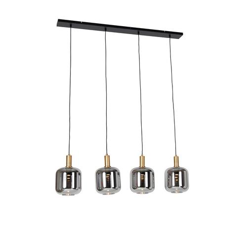 Hanglamp zwart met goud en smoke glas incl. 4 PUCC - Zuzanna, Huis en Inrichting, Lampen | Hanglampen, Nieuw, Glas, 75 cm of meer