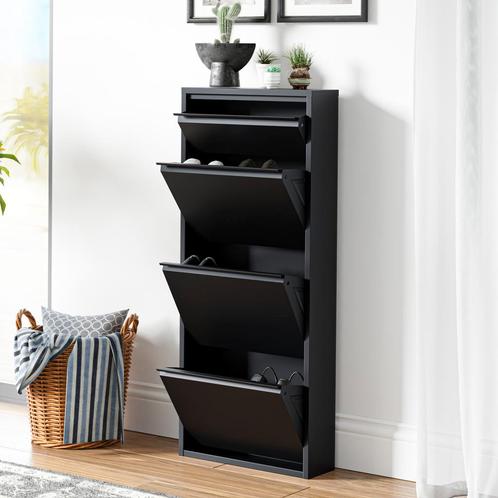 Schoenenkast Sokndal 4 kleppen zwart 118x50x15 cm [en.casa], Huis en Inrichting, Kasten | Schoenenkasten, Nieuw, Verzenden