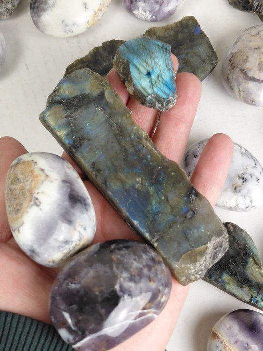 Mooie Labradoriet plakken & Chevron Amethist trommelstenen-, Verzamelen, Mineralen en Fossielen
