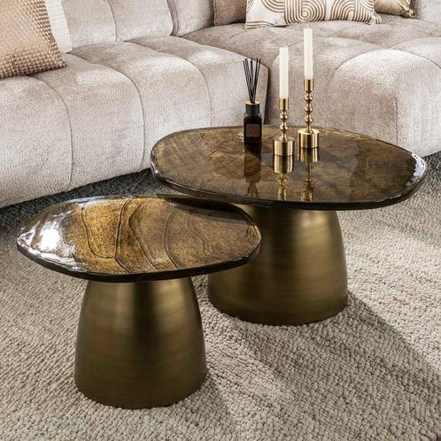 *WOONWINKEL* Unieke Salontafelset Getrokken Glas Goudkleurig, Huis en Inrichting, Tafels | Salontafels, Nieuw, Verzenden
