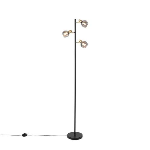 Art deco vloerlamp zwart en goud met smoke glas 3-lichts -, Huis en Inrichting, Lampen | Vloerlampen, Nieuw, Overige materialen