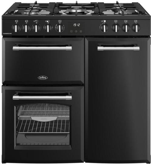 Belling FARMHOUSE 90DF BLK fornuis, Witgoed en Apparatuur, Fornuizen, 60 cm of meer, Vrijstaand, 5 kookzones of meer, Energieklasse A of zuiniger