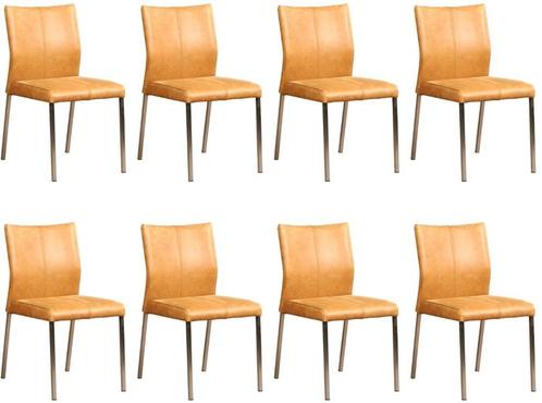 Set van 8 Cognac leren moderne eetkamerstoelen - poot vierka, Huis en Inrichting, Stoelen, Vijf, Zes of meer stoelen, Overige kleuren