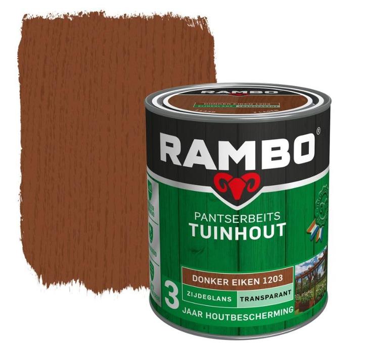 Rambo Pantserbeits Tuinhout Zijdeglans Donker Eiken 1.5L, Doe-het-zelf en Verbouw, Verf, Beits en Lak, Beits, Nieuw, Minder dan 5 liter