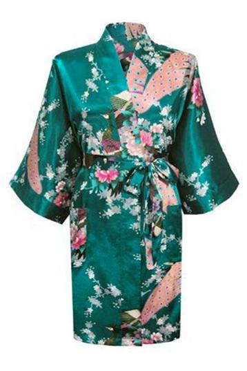 KIMU® Kimono Petrol Kort M-L Yukata Satijn Boven de Knie Kor beschikbaar voor biedingen