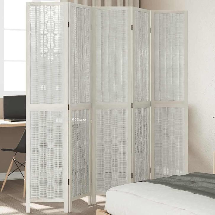 vidaXL Kamerscherm met 5 panelen massief paulowniahout wit, Huis en Inrichting, Woonaccessoires | Kamerschermen, Nieuw, Verzenden