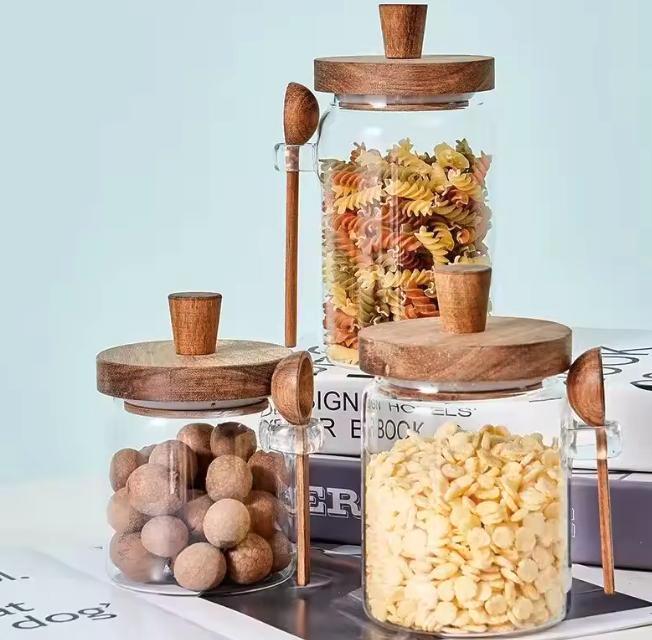 5-delige glazen voorraadpot set met bamboe deksel en lepel, Huis en Inrichting, Keuken | Keukenelementen, Nieuw, Verzenden