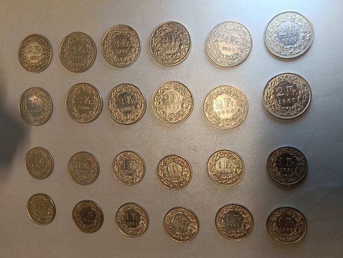 Zwitserland. Lot of 24 coins: 1 & 2 Francs 1920/1967, Postzegels en Munten, Munten | Europa | Niet-Euromunten