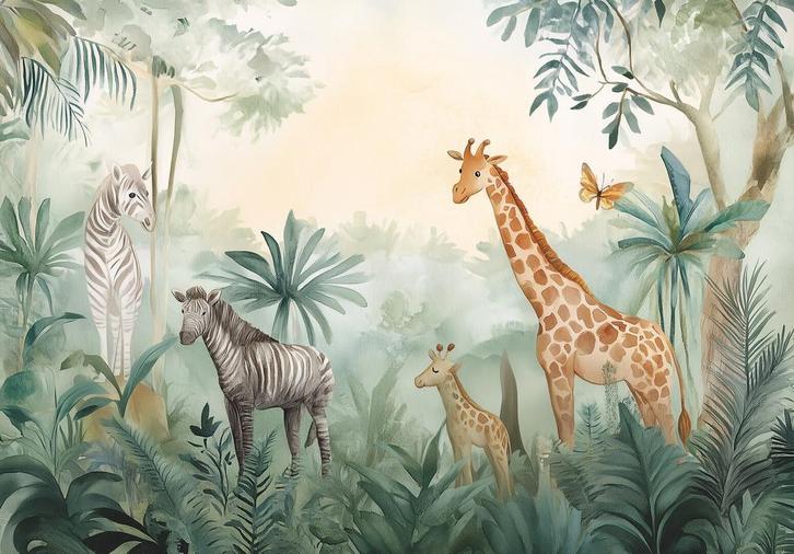 Jungledieren fotobehang Giraf en Zebra, Kinderen en Baby's, Kinderkamer | Inrichting en Decoratie, Wanddecoratie, Nieuw, Verzenden