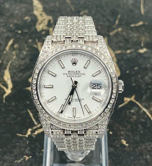 Rolex Datejust 41 - White Dial -126300 - Iced Out - Diamonds, Sieraden, Tassen en Uiterlijk, Horloges | Heren, Staal, Nieuw, Staal