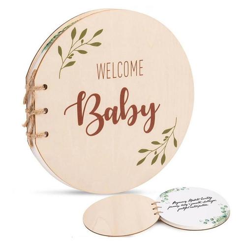 Houten Baby Shower gastenboek rond Welcome Baby, Hobby en Vrije tijd, Feestartikelen, Geboorte of Huwelijk, Nieuw, Feestartikel