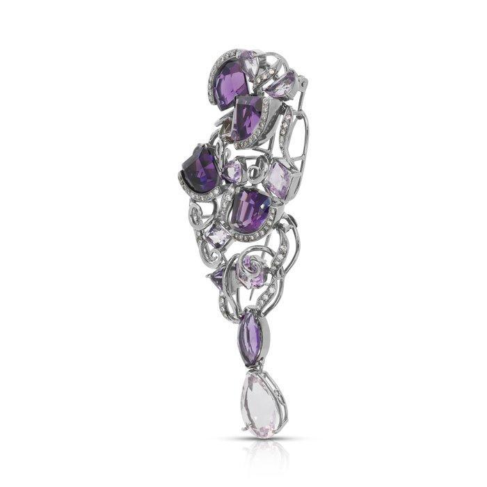 Broche - 18 karaat Witgoud - 20.19ct. tw. Amethist - Diamant, Sieraden, Tassen en Uiterlijk, Antieke sieraden