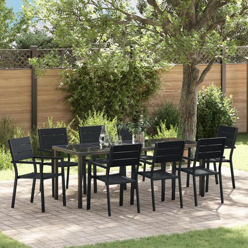 vidaXL 9-delige Tuin Eettafelset Zwart HDPE, Tuin en Terras, Tuinsets en Loungesets, Nieuw, Textileen, Verzenden