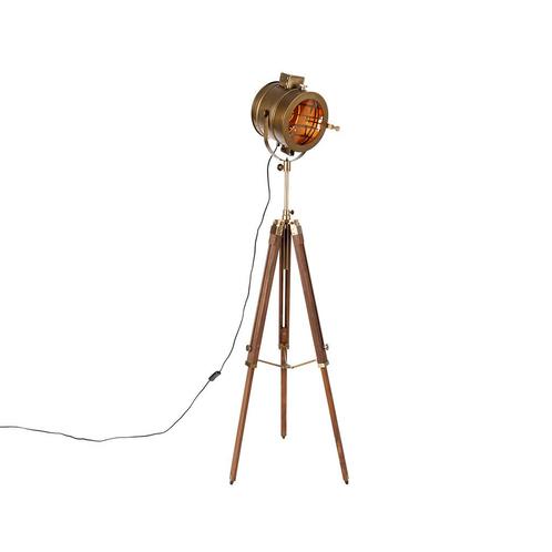 Tripod vloerlamp brons met hout studiospot - Radient, Huis en Inrichting, Lampen | Vloerlampen, Nieuw, Overige materialen, 150 tot 200 cm