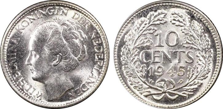 Koningin Wilhelmina 10 cent 1945 P, Postzegels en Munten, Munten | Nederland, Losse munt, 10 cent, Koningin Wilhelmina, Zilver